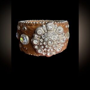 Western Cowhide Hair Leather Rhinestone Concho Cuff Bracelet Boho Statement